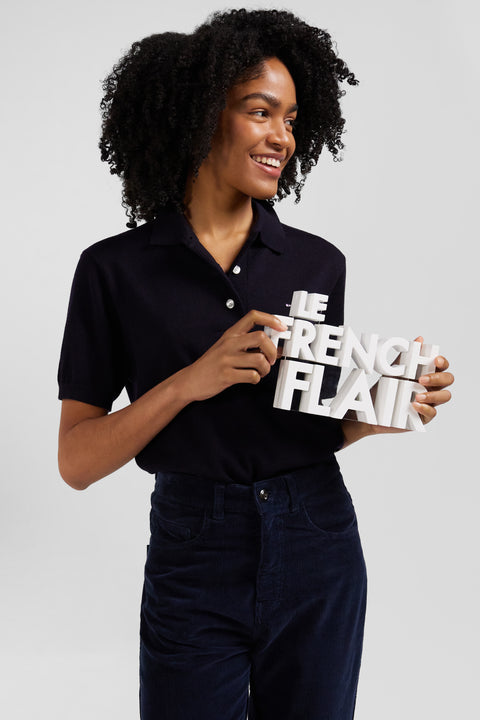 Regular navy blue short-sleeved wool polo neck jumper - Image 3