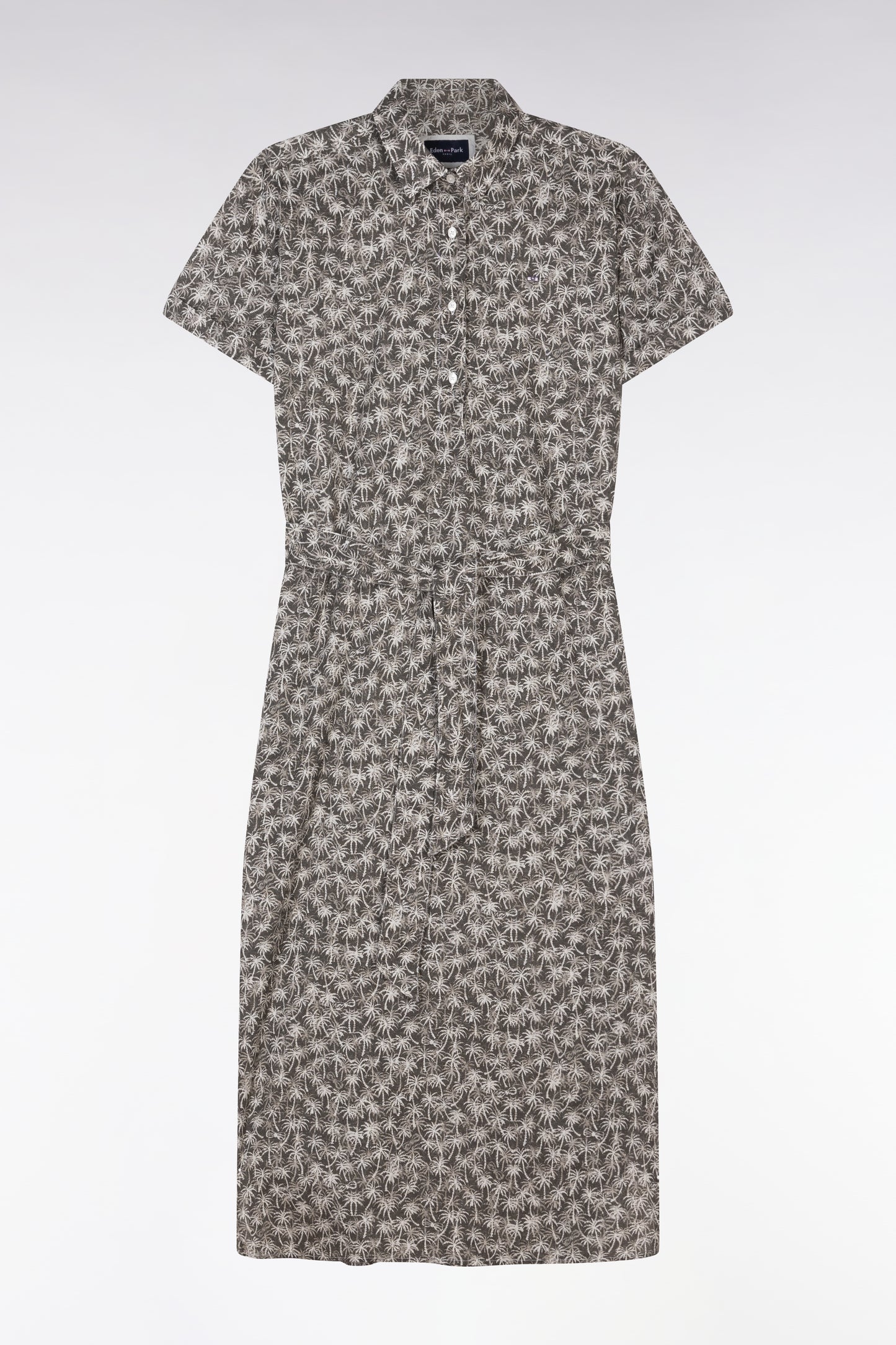 Short-sleeved dress in khaki cotton with palm tree print and relaxed fit