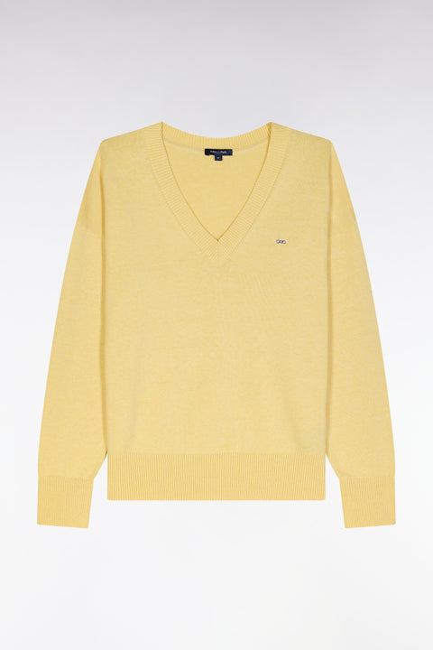 Pull col V en coton jaune coupe décontractée - Image 1