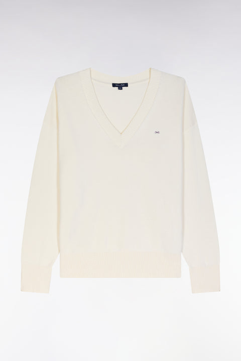 Pull col V en coton beige coupe décontractée - Image 2