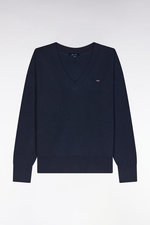 Pull col V en coton marine coupe décontractée - Image 2