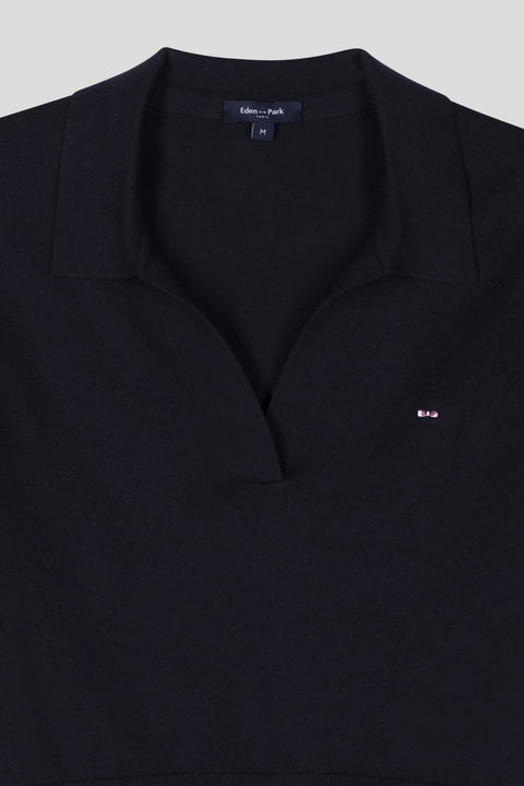 Pull col polo à manches courtes en coton biologique et cachemire marine coupe droite - Image 2