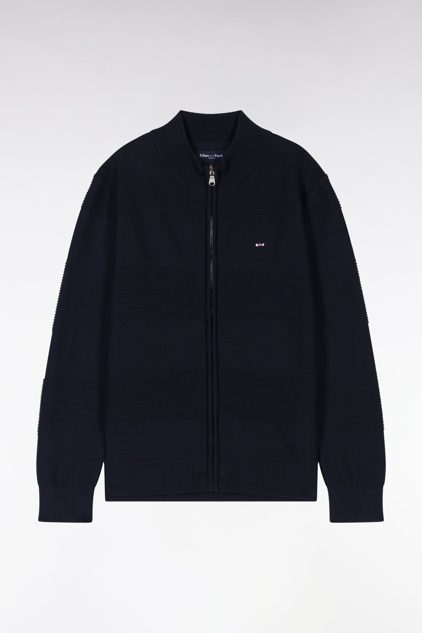 Straight-fit zip-up navy cardigan with stand-up collar