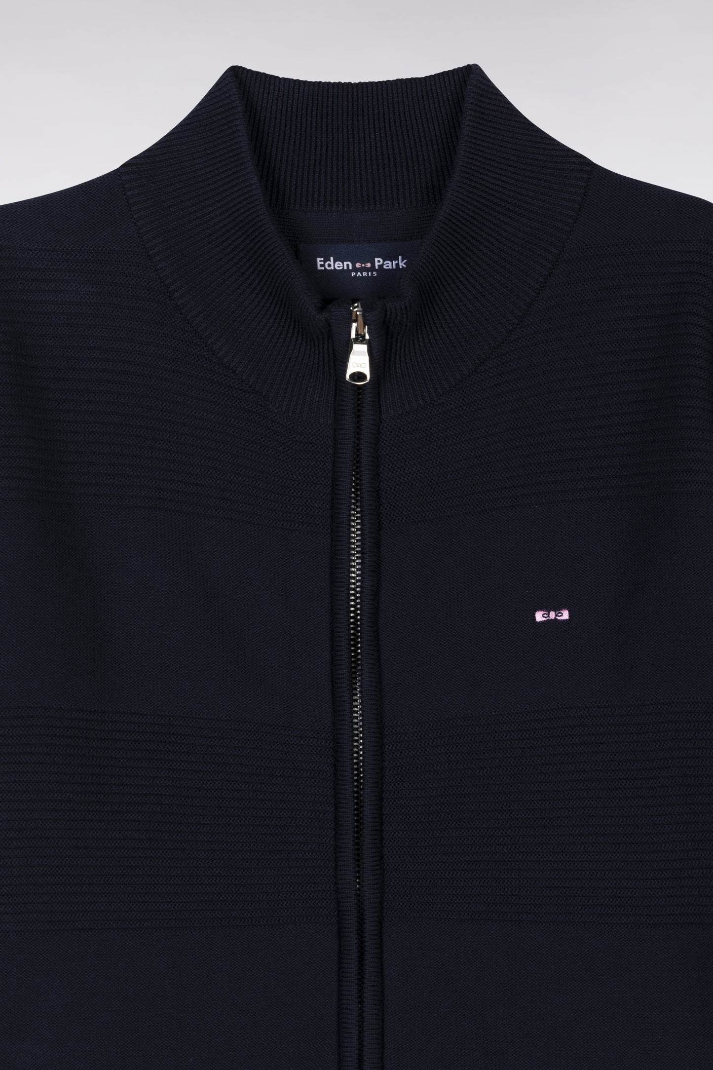 Straight-fit zip-up navy cardigan with stand-up collar