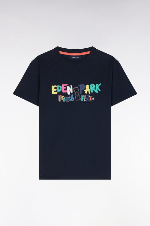 T-shirt en coton marine sérigraphie multicolore coupe droite - Image 1