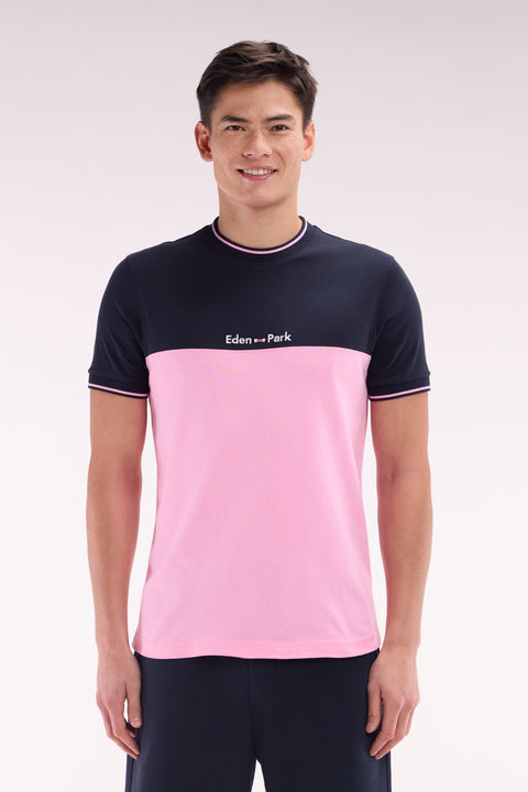 T-shirt brodé en coton bicolore rose coupe droite - Image 1
