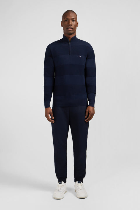 Pull col camionneur zippé marine à jeux de maille en coton - Image 1