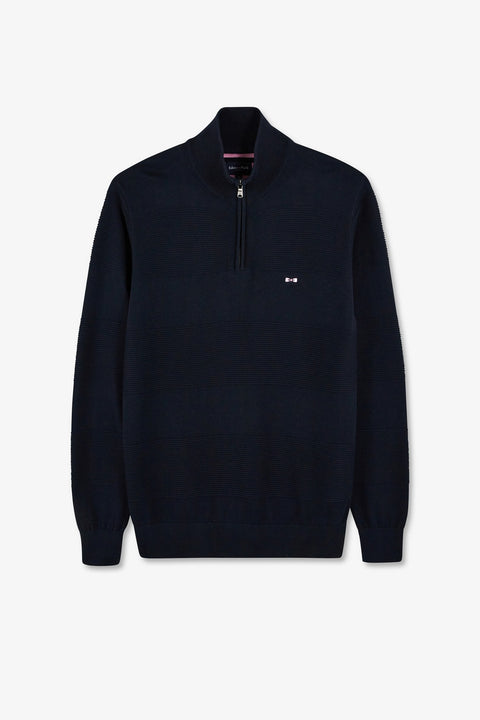 Pull col camionneur zippé marine à jeux de maille en coton - Image 2