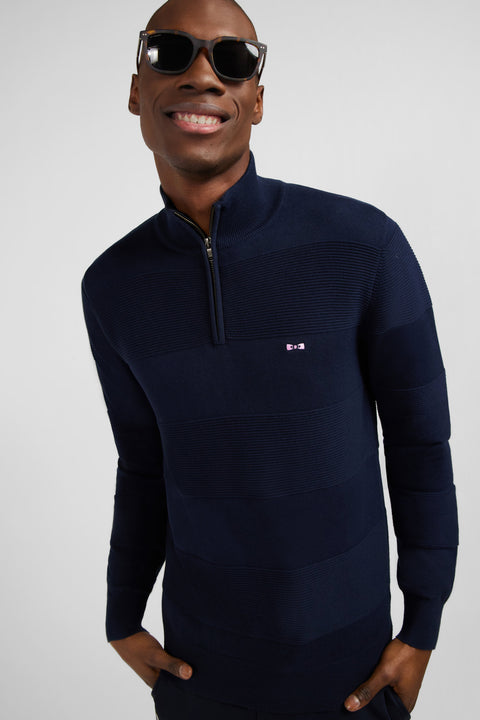 Pull col camionneur zippé marine à jeux de maille en coton - Image 3