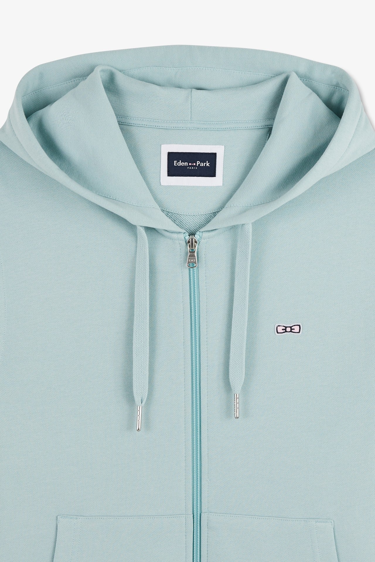 Green fleece zipped hoodie with bow tie embroidery