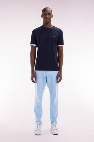 Light blue straight-cut stretch cotton pleat-free chinos