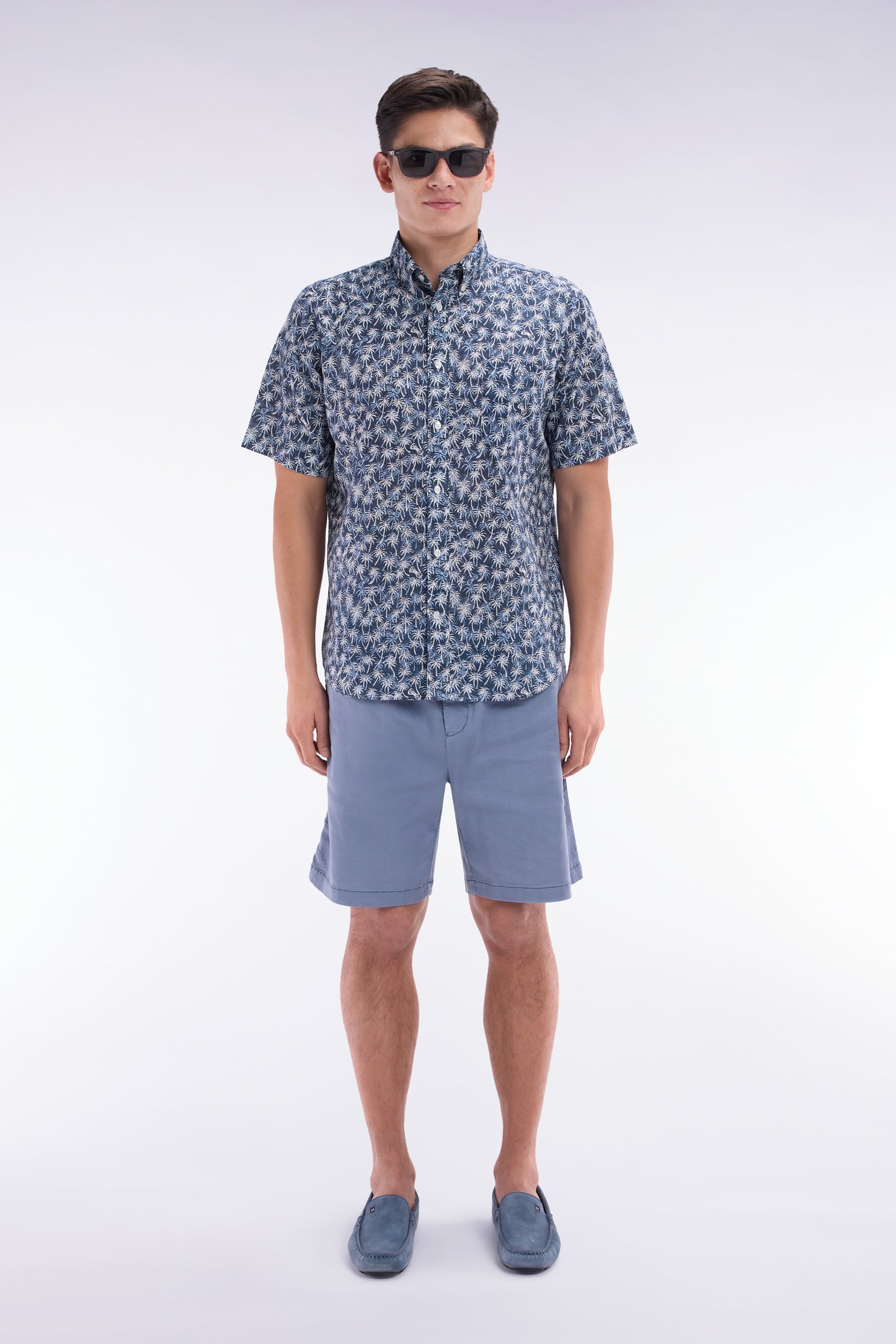 Elasticated waistband grey Bermuda shorts in lyocell and stretch cotton