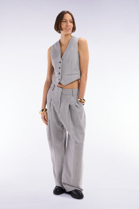 Pantalon chevron à plis en laine et lin gris - Image 1