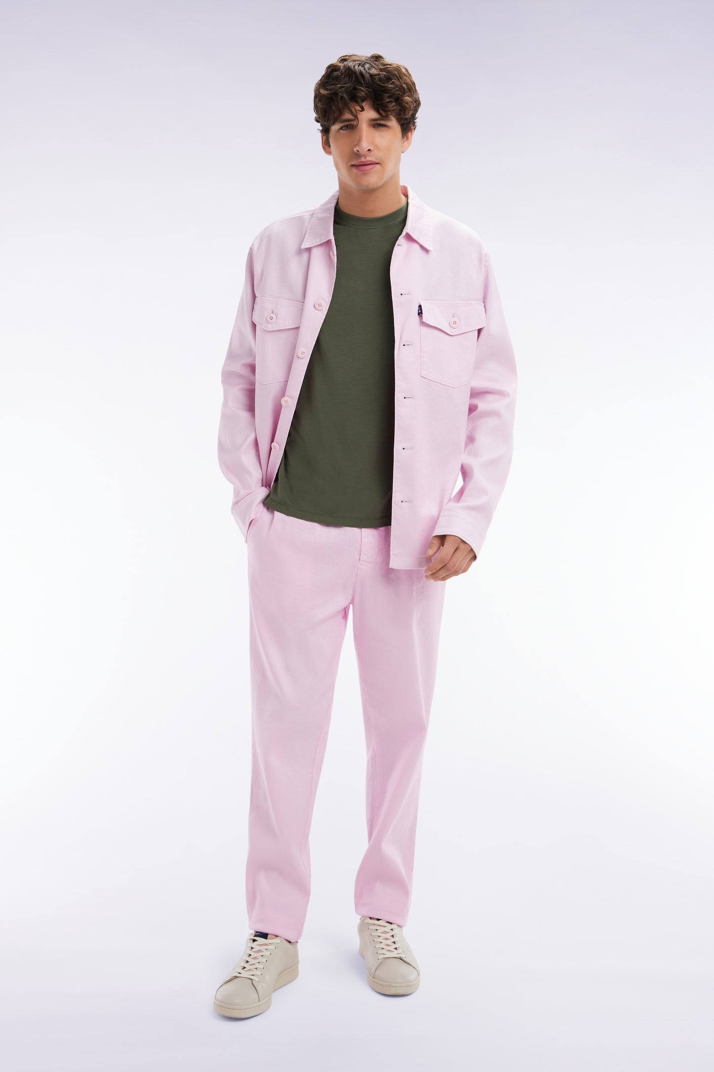 Flowing elastic trousers in pink stretch linen - cotton blend