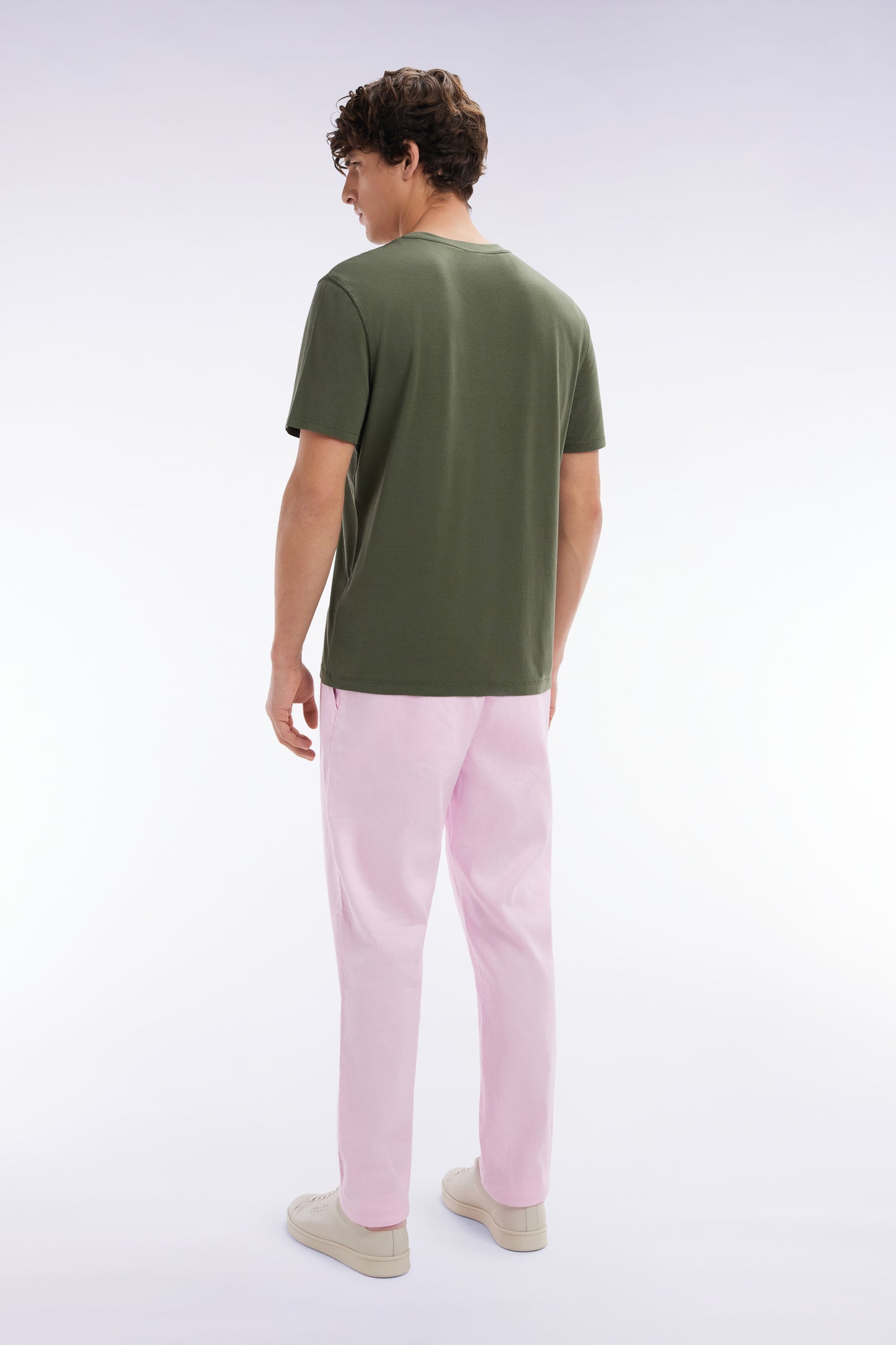 Flowing elastic trousers in pink stretch linen - cotton blend