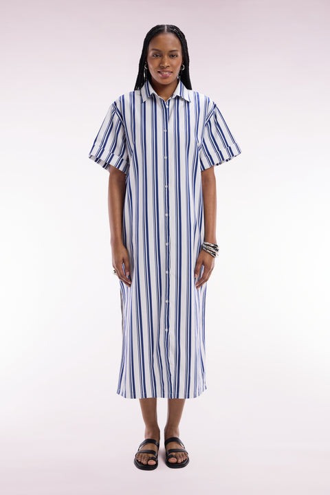 Robe chemise rayée en coton marine et blanc coupe décontractée - Image 3