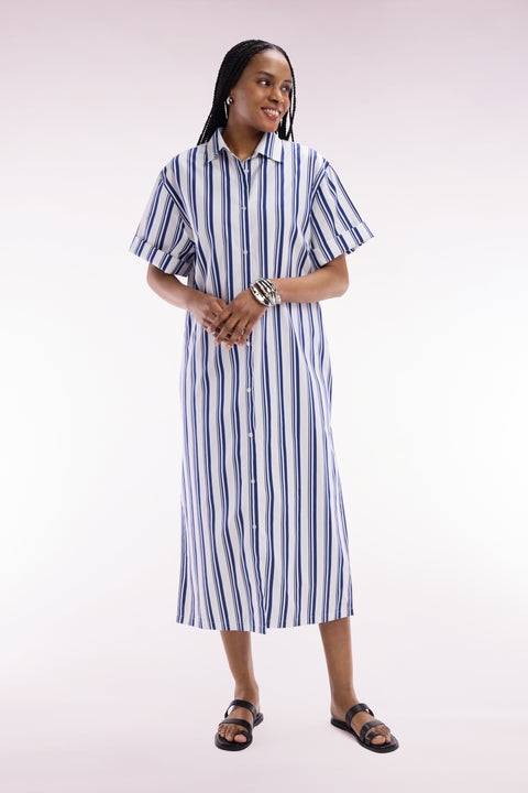 Robe chemise rayée en coton marine et blanc coupe décontractée - Image 1