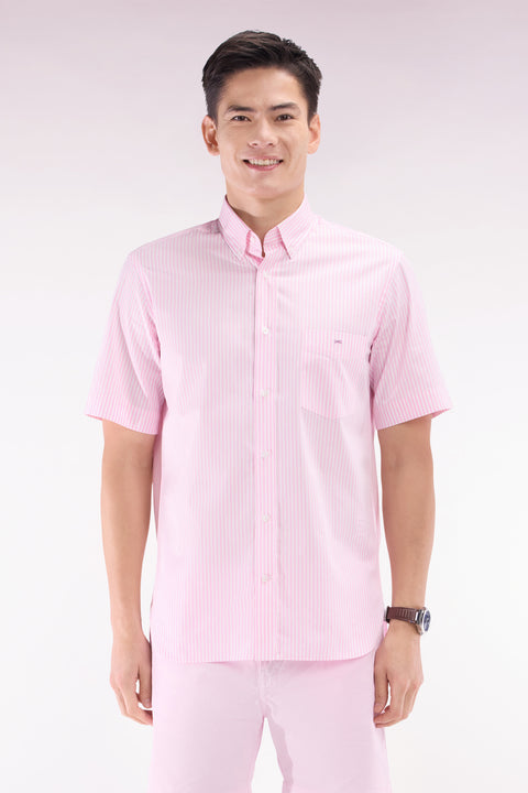 Chemise à manches courtes en coton rayé rose coupe droite - Image 1