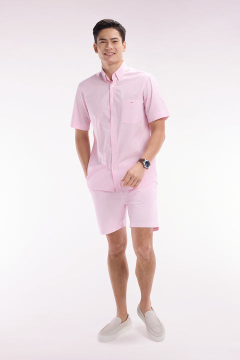 Chemise à manches courtes en coton rayé rose coupe droite - Image 3