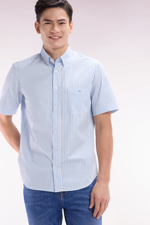 Chemise à manches courtes en popeline de coton rayée ciel coupe droite - Image 3