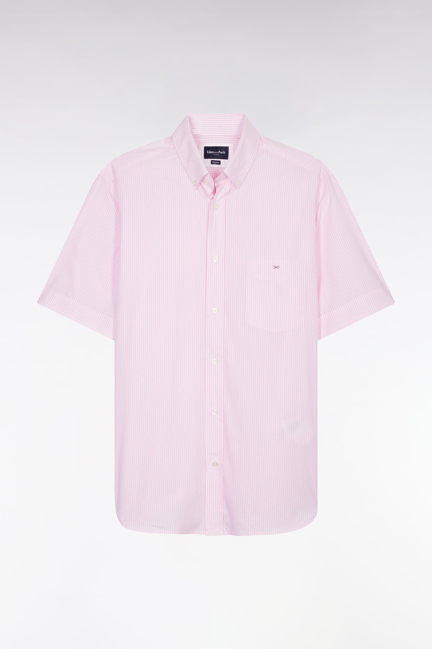 Chemise à manches courtes en coton tissage jacquard rayé rose coupe droite