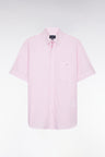 Chemise à manches courtes en coton tissage jacquard rayé rose coupe droite