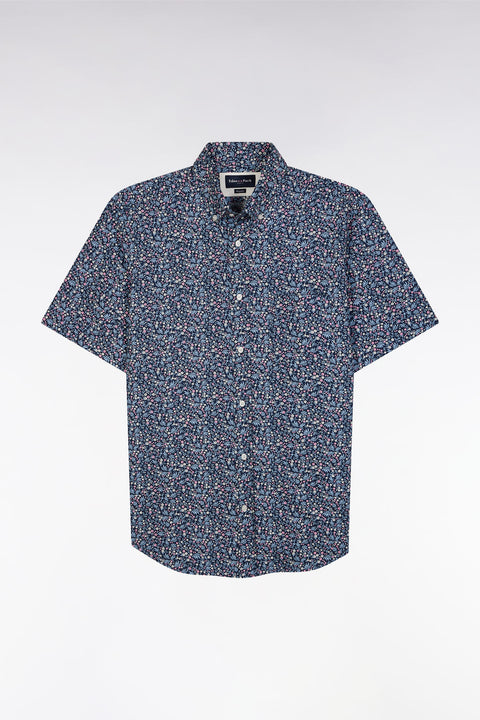Chemise à manches courtes en coton marine microimprimé fleurs coupe droite - Image 2