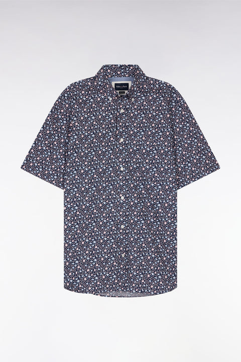 Chemise à manches courtes en popeline de coton marine imprimé floral rose coupe droite - Image 2