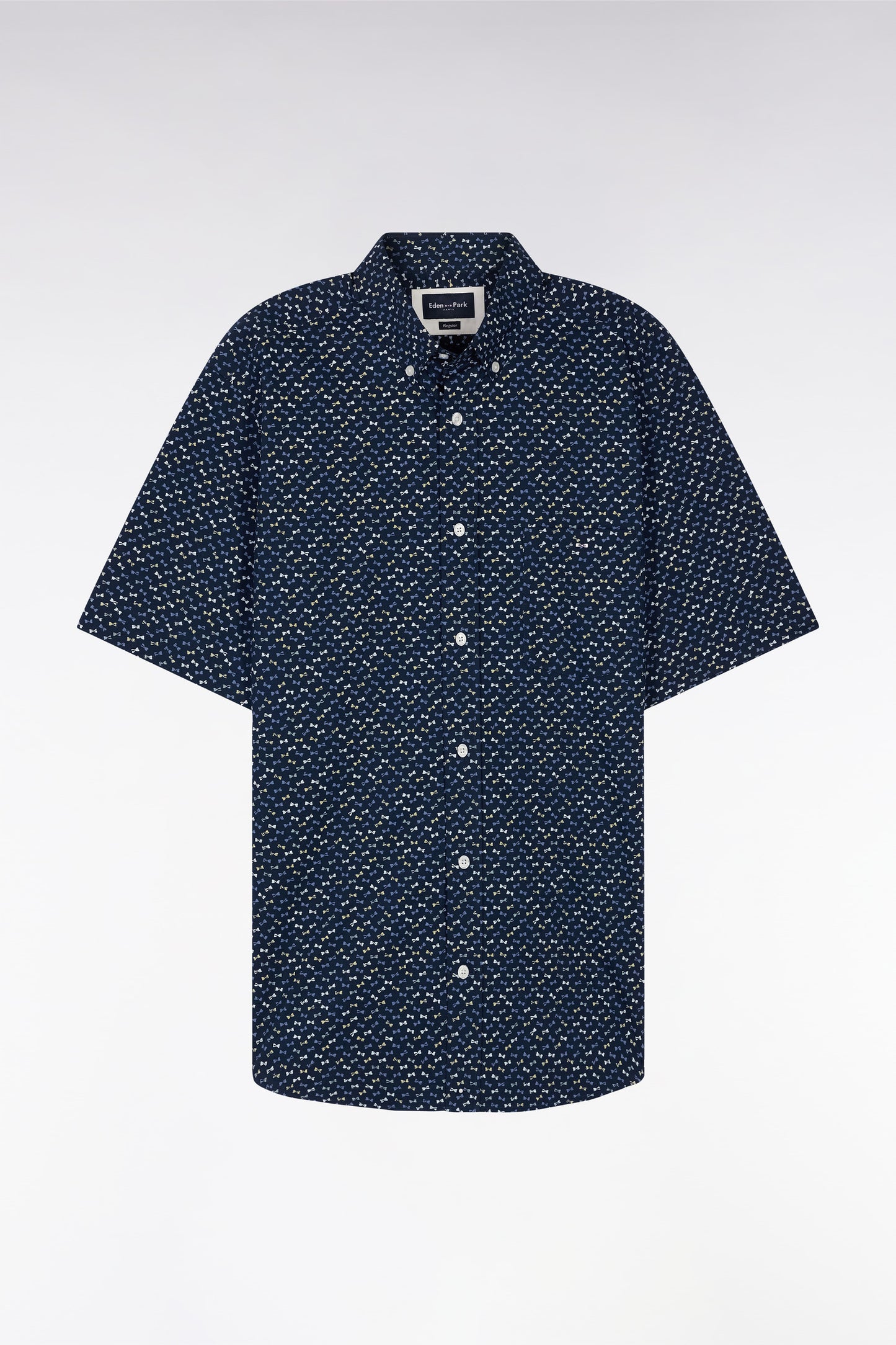 Chemise à manches courtes en popeline de coton gris foncé imprimé nœud papillon multicolore coupe droite
