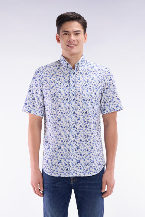 Chemise à manches courtes en popeline de coton bleue imprimé végétal coupe droite - Image 1