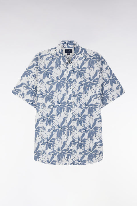 Straight short-sleeved white shirt in cotton poplin blue flower print - Image 2