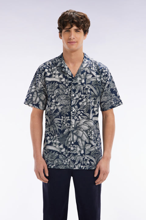 Chemise à manches courtes en coton marine imprimé jungle coupe ajustée - Image 1