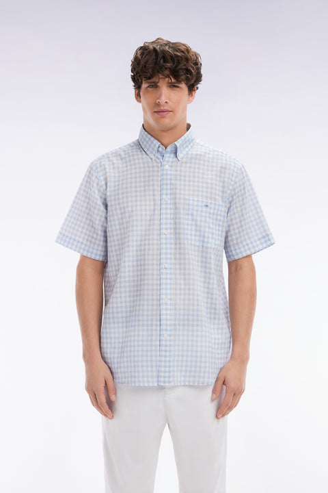 Chemise à manches courtes en coton à carreaux Vichy ciel coupe droite - Image 1