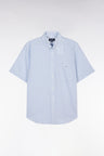 Straight-fit short sleeved sky blue gingham checked cotton shirt