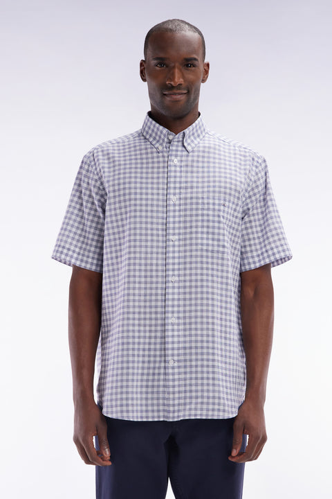 Straight-fit short sleeved navy gingham checked cotton shirt - Image 1