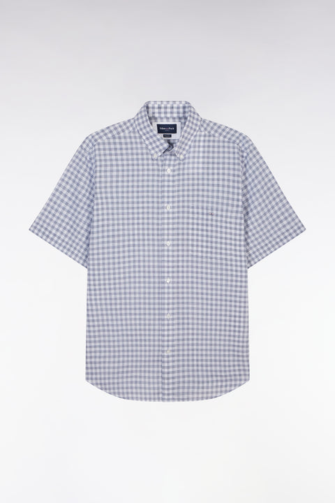 Straight-fit short sleeved navy gingham checked cotton shirt - Image 2