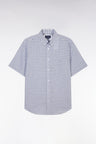 Straight-fit short sleeved navy gingham checked cotton shirt