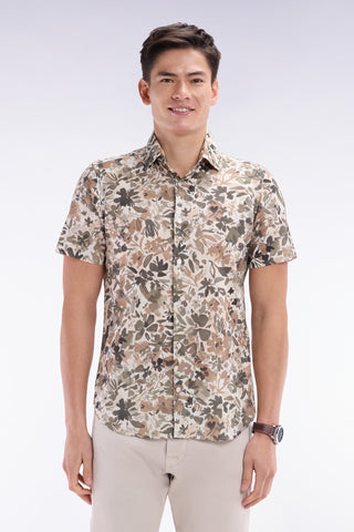 Slim-fit short-sleeved floral print shirt in khaki cotton