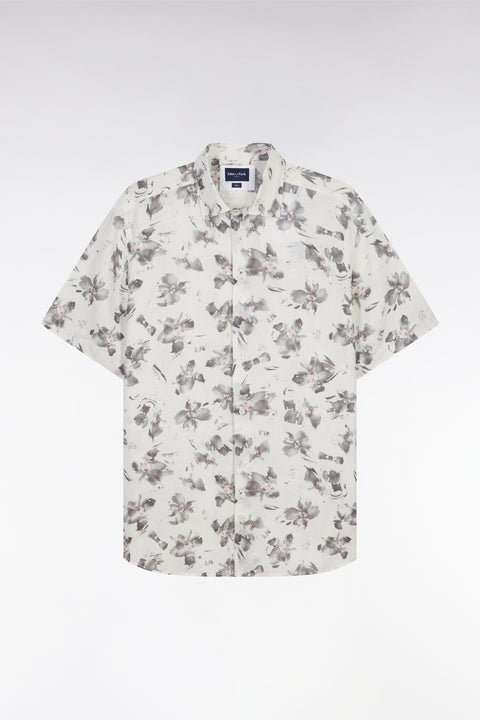 Chemise à manches courtes en lin écru à imprimé floral gris coupe ajustée - Image 2