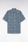 Chemise à manches courtes en coton marine à microimprimé palmiers coupe droite