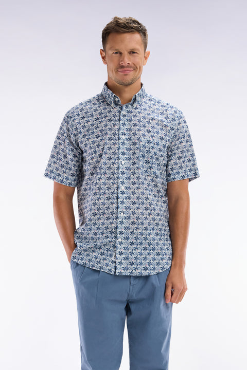 Straight-fit sort-sleeved shirt in medium grey cotton with graphic floral print - Image 1