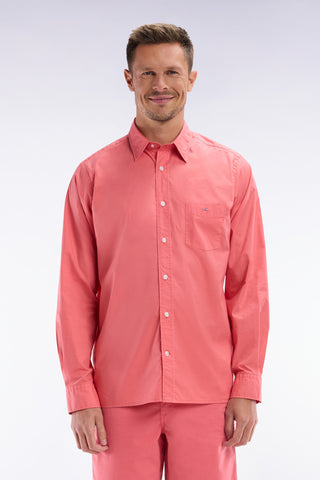 Straight-fit unisex shirt in salmon pink stretch cotton and lyocell