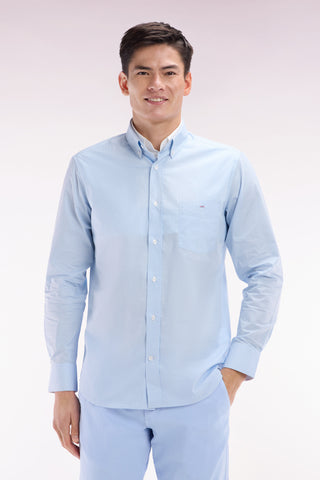 Straight-fit sky blue cotton gingham shirt