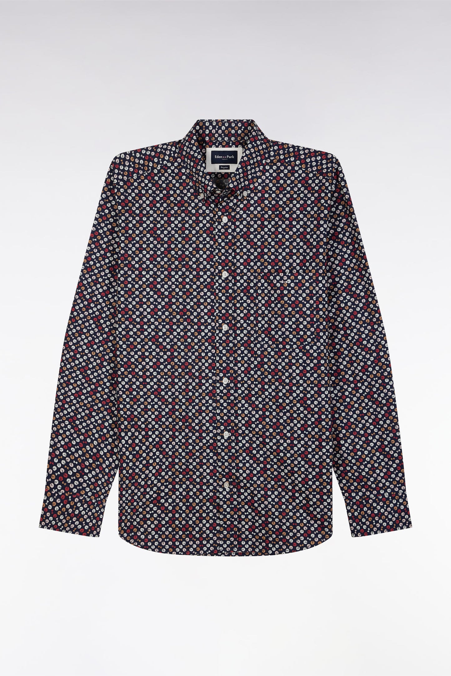 Straight-fit navy cotton poplin shirt with red microprint