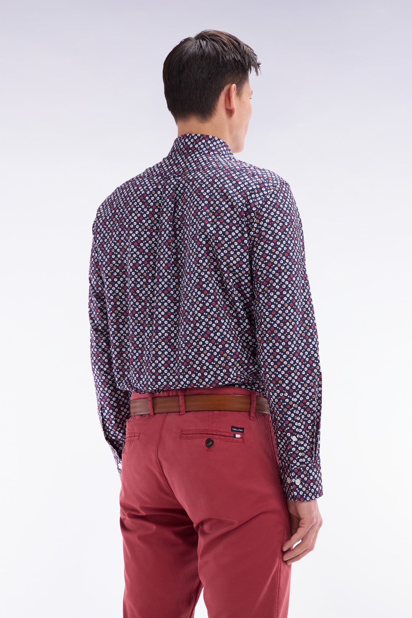 Straight-fit navy cotton poplin shirt with red microprint