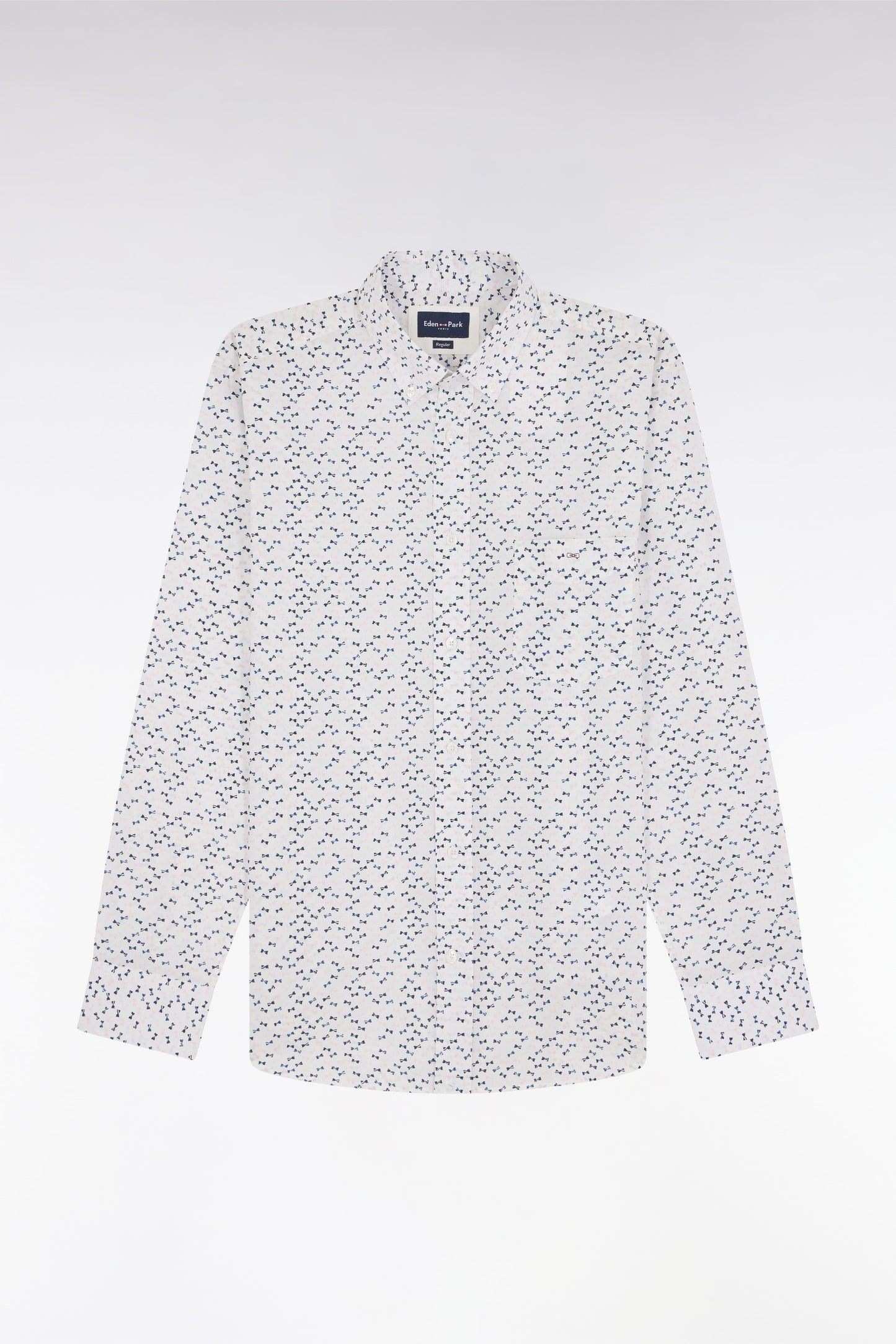 Straight-fit ecru cotton poplin shirt with bow tie microprint