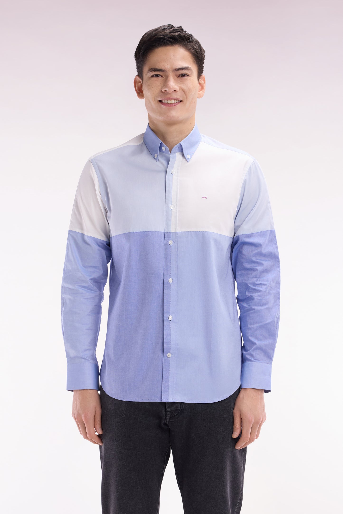 Straight-fit dark blue cotton twill shirt