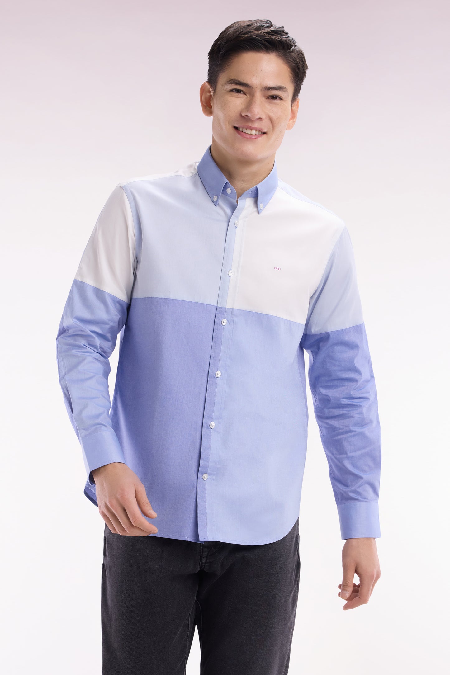 Straight-fit dark blue cotton twill shirt