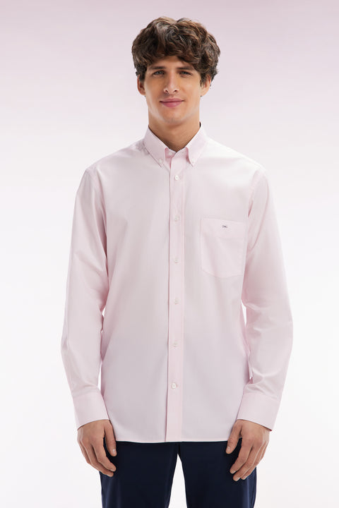 Straight-fit pink cotton shirt with navy elbow patches - Image 1