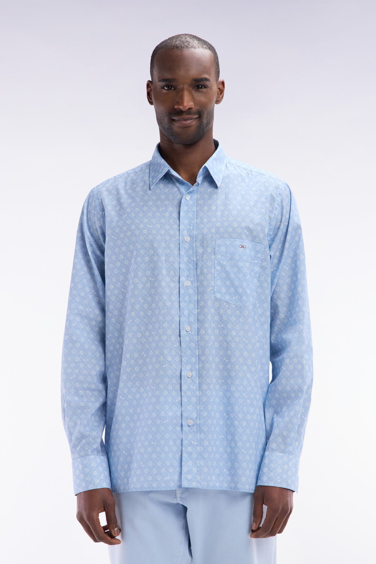 Straight-fit white printed sky blue cotton poplin shirt